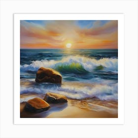 The sea. Beach waves. Beach sand and rocks. Sunset over the sea. Oil on canvas artwork.8 Art Print