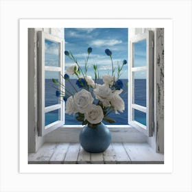 Blue Flowers By The Window Art Print