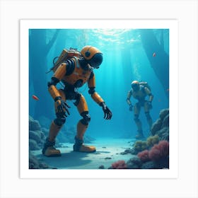 Deep Sea Exploration Robots, Watercolor Depths Of Ocean Blues Art Print