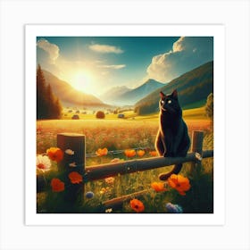 Ai Black Cat On Fence 3 Art Print