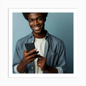 Portrait Of A Young Black Man Holding A Smartphone Art Print