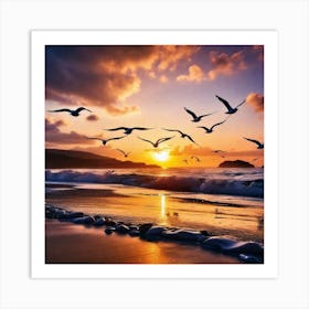 Sunset Seagulls 2 Art Print