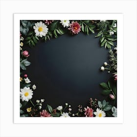 Floral Frame On A Black Background 1 Art Print