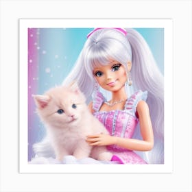 Cute Woman And White Cat Art Print