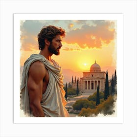 Graceful Greek Man In Watercolor, With A Picturesque Sunset Over The Ancient Landscape 1 Art Print