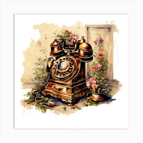 Vintage Telephone with Floral Surroundings Art Print