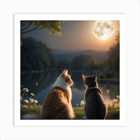 Two Cats Watching The Moon Art Print