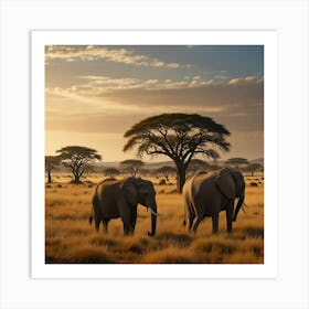 A Sunlit Savanna With Acacia Trees, Golden Grasslands, And A Herd Of Elephants Art Print