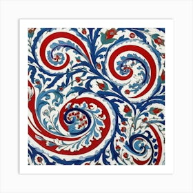 Red Blue And White Swirls Iznik Turkish Pattern Flora 3 Art Print