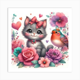 Cat And Bird Art Print