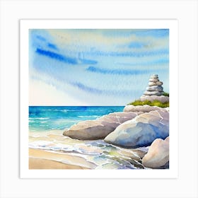 Watercolor Of A Beach With Rocks Art Print