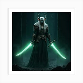 Elven Warrior With Twin Blades Glowing In The Dark 1 Art Print