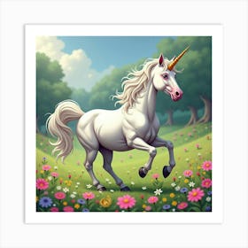 A Majestic Unicorn Galloping Through A Meadow Of Enchanted Flowers 1 Art Print