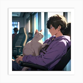 Anime Boy And Cat Art Print