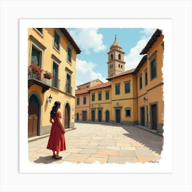 Spanish Woman In A Picturesque Town Square, Watercolor With Quaint Charm 1 Art Print