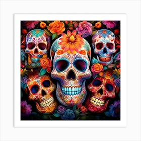 Sugar Skulls And Flowers 1 Art Print