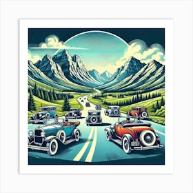 Vintage Car Rally Scenic Route Printed Art A Vibrant Illustration Of Classic Cars On A Scenic Route, Perfect For Capturing The Freedom And Joy Of The Open Road In Any Car Lover’S Space Printed Art Art Print