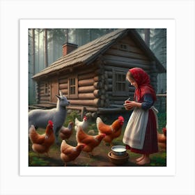 A girl with hens and a goat Art Print