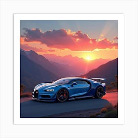 Bugatti Divo In A Brilliant, Watercolor Sunrise Over Mountains Art Print