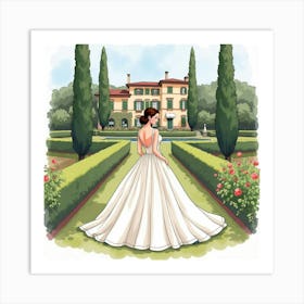 Elegant Italian Bride In Watercolor, With A Beautiful Villa And Garden Setting Art Print