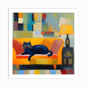 Black Cat On Orange Couch Art Print