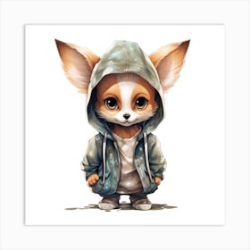 Watercolour Cartoon Fennec Fox In A Hoodie 3 Art Print