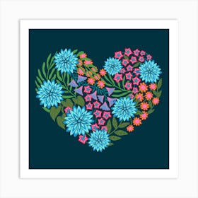 FLOWERED HEART Floral Botanical Valentines Love Flowers in Bright Pink Blue Purple Green Orange on Dark Navy Blue Art Print