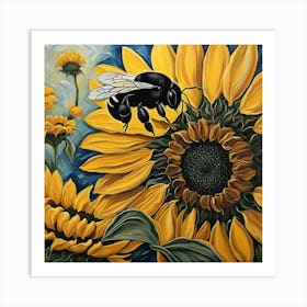 Bee On Sunflower Art Print