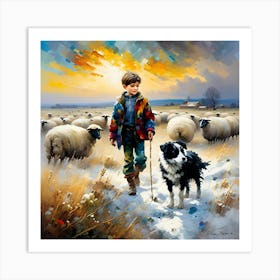 Faithful Boy With Dog and Sheep Art Print