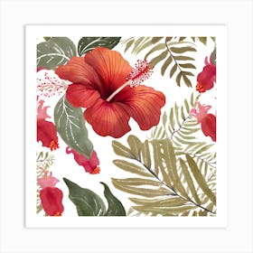 Botanical Wall Art Flowers Red Hibiscus Leaves #3 Art Print