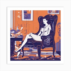 Drew Illustration Of Girl On Chair In Bright Colors, Vector Ilustracije, In The Style Of Dark Navy A (2) Art Print