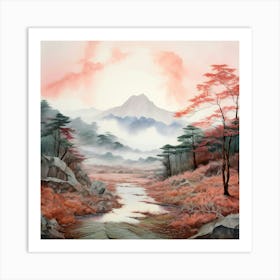 Watercolour Fuji Shibazakura In Japan Shades Of Blush Pink Pale Blue And Mint Green Art Print