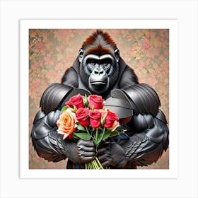 Gorilla With Roses 1 Art Print