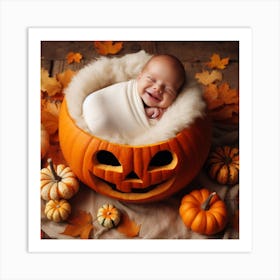 Newborn Baby In Pumpkin Art Print