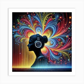 Vibrant Music Energy Wall Art: An Abstract Silhouette of a Woman with Headphones and Dynamic Soundwaves for Bold and Modern Home Decor Print Art Art Print