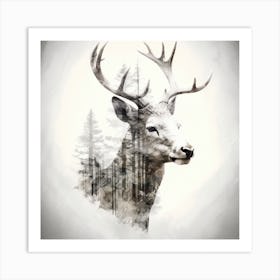 Deer In The Woods Double Exposure Art Print