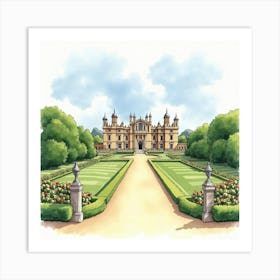 Watercolor Scene Of The Blenheim Palace In Oxfordshire, Capturing Its Majestic Architecture And Beautiful Gardens Art Print