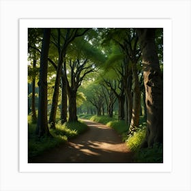 A Winding Forest Path Lined With Ancient, Majestic Green Trees, Their Branches Forming A Natural Archway Overhead 1 Art Print