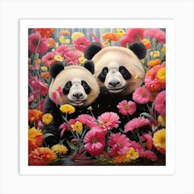 Panda Bears In Flowers Art Print