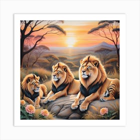 Lions Seated Dominantly In The Foreground Their Golden Manes Glowing  Art Print