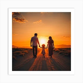 A Family Immersed In A Content Moment Walking Hand In Hand Against A Background Of A Sunset Graduall (6) Art Print