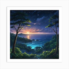 Enchanted Twilight Serenity at a Secluded Beach Cove Surrounded by Forest Art Print