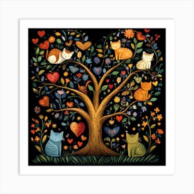 Folk Art Heart Tree Cat Climbing Artwork 5 Art Print