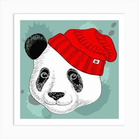 Cozy Cuteness: Knitted Hat Panda in Vector Wonderland, Panda Bear In Red Hat Art Print