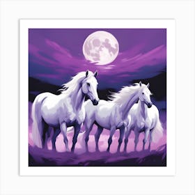 Three White Horses In The Moonlight Art Print