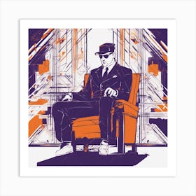 Drew Illustration Of Man On Chair In Bright Colors, Vector Ilustracije, In The Style Of Dark Navy An (1) Art Print