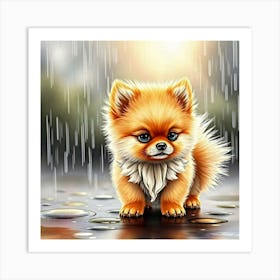 Pomeranian Puppy In The Rain Art Print