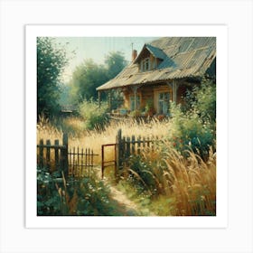 House Among The Grass In The Countryside, Acrylic Painting Style Art Print