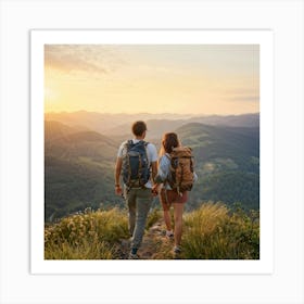 Couple Hiking Atop A Lush Hill During A Sunset Surrounded By Mountainous Landscape Embracing In A (5) Art Print