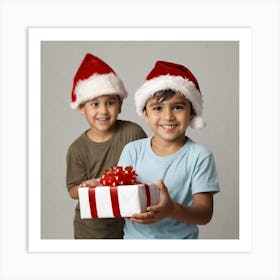 Two Boys In Santa Hats Art Print